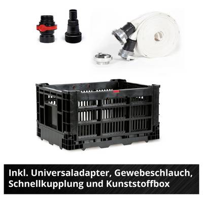 Kunststoffbox mit Universaladapter, Gewebeschlauch und Schnellkupplung; Text: 'Inkl. Universaladapter, Gewebeschlauch, Schnellkupplung und Kunststoffbox'.