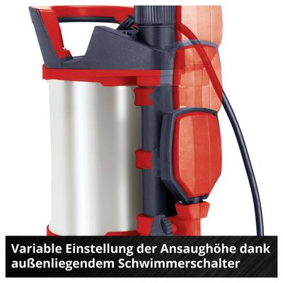 Roter und silberner Staubsauger mit sichtbarem Schwimmerschalter; Text: 'Variable Einstellung der Ansaughöhe dank außenliegendem Schwimmerschalter'