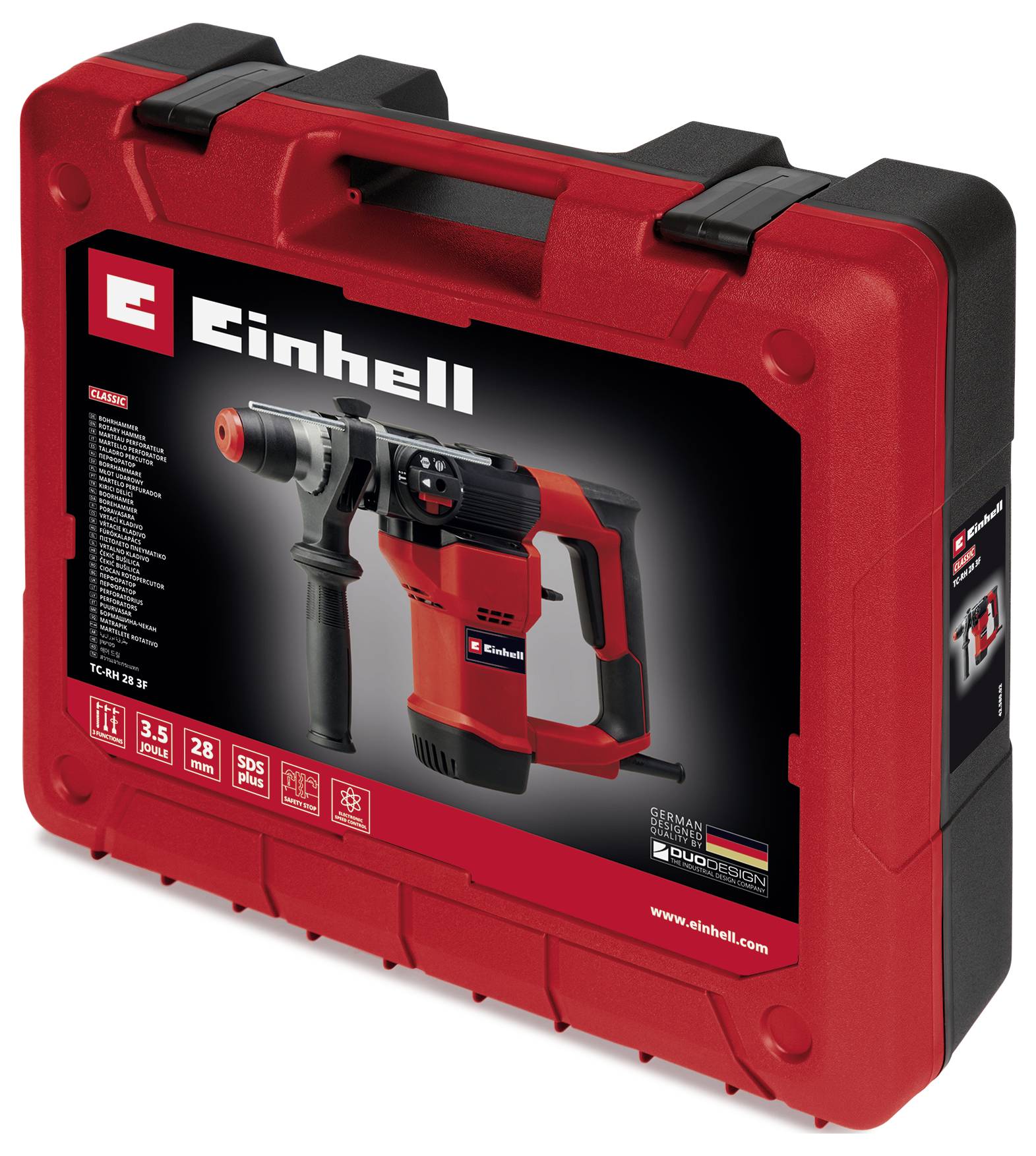 Ein roter Werkzeugkoffer mit einem Bohrhammer von Einhell abgebildet. Informationen zur Leistung und Funktionen sind aufgedruckt.