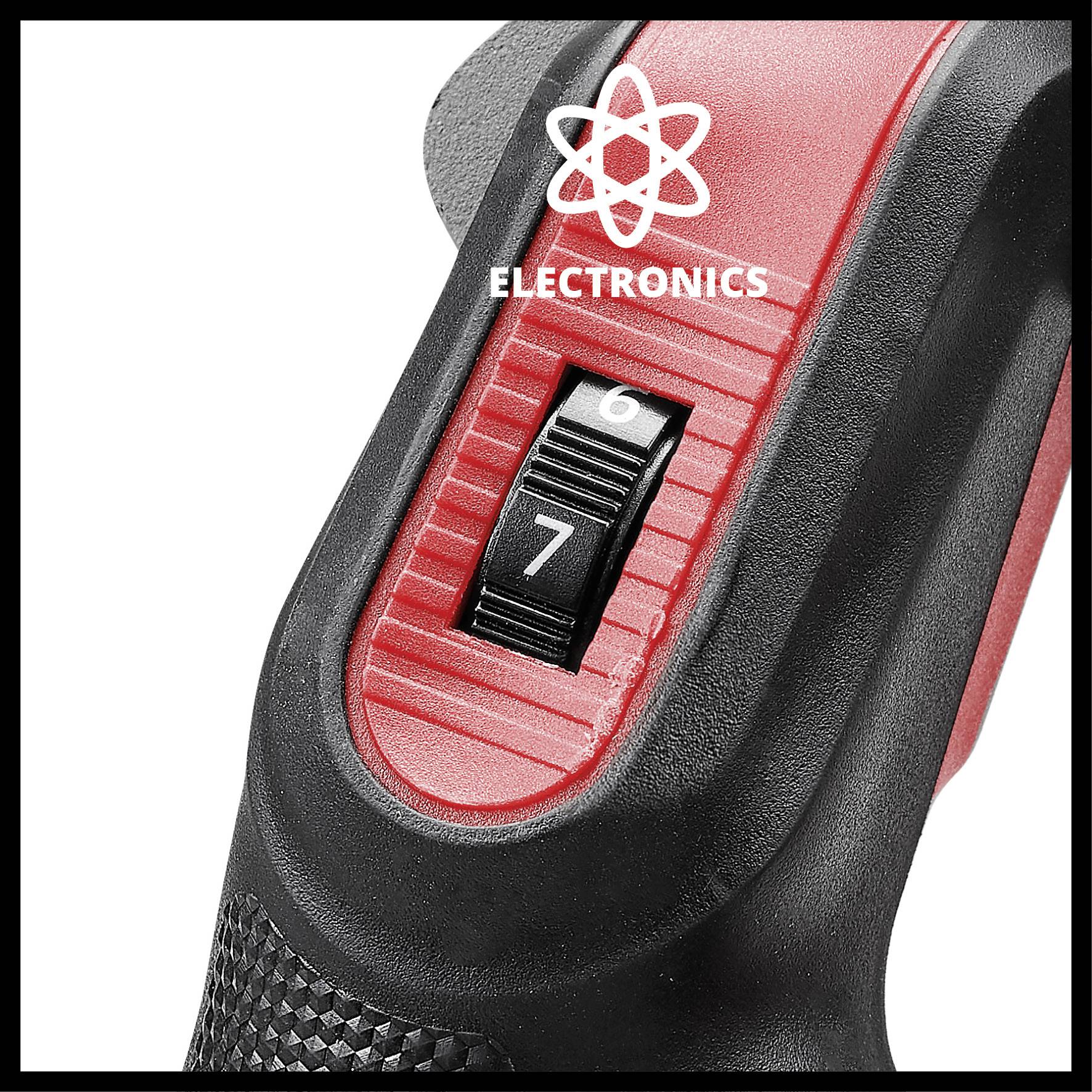 Nahaufnahme eines schwarzen Werkzeugs mit rotem Griff. Der Schalter ist auf Position 7 eingestellt. Oben ist ein Atom-Symbol und das Wort 'ELECTRONICS' sichtbar.