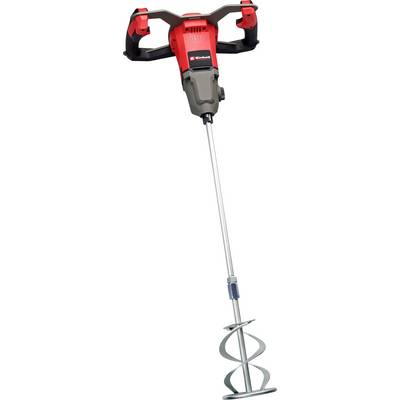 Ein roter elektrischer Rührwerksmischer mit Griffen, einer Metallstange und einem rotierenden Mischaufsatz unten. Geeignet zum Mischen von Materialien.