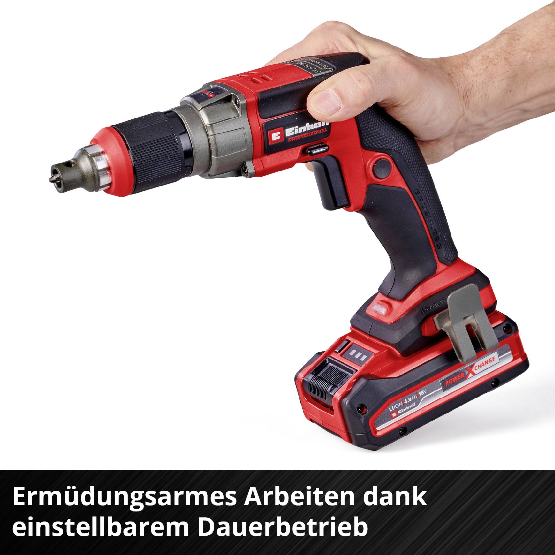 Akkuschrauber in Nahaufnahme, rotes Design, mit der Aufschrift 'Ermüdungsarmes Arbeiten dank einstellbarem Dauerbetrieb' im Vordergrund.