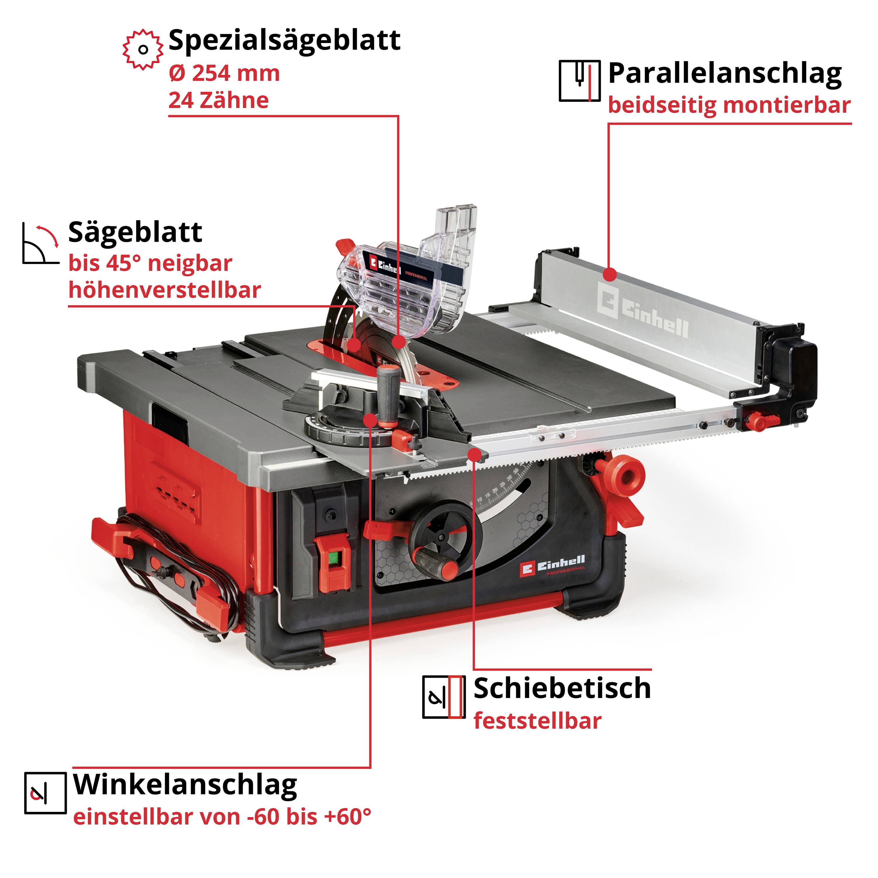 Tischkreissäge mit Sägeblatt, Schiebetisch, Winkel- und Parallelanschlag. Spezialsägeblatt 254 mm, 24 Zähne, höhenverstellbar.