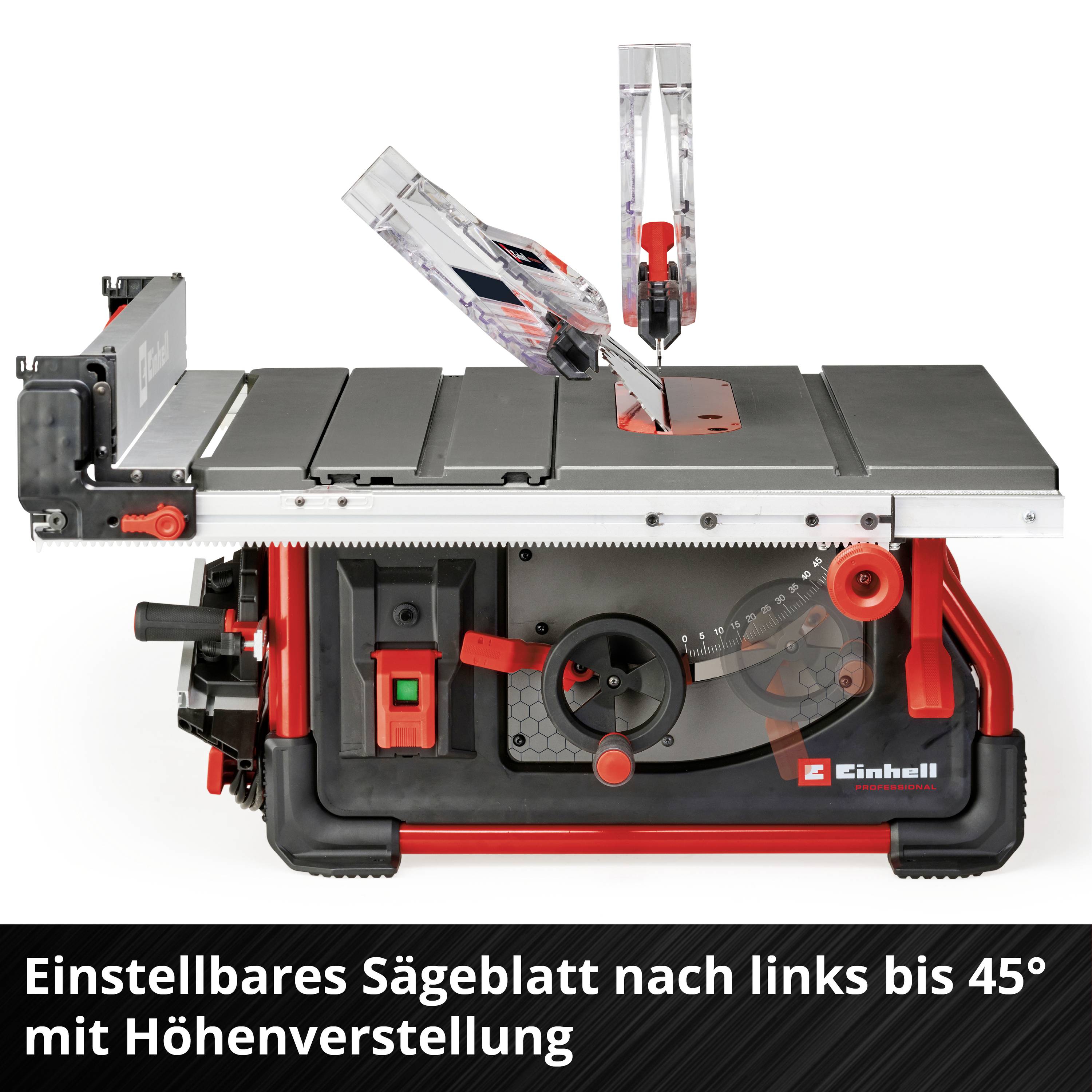 'Tischkreissäge mit einstellbarem Sägeblatt von links bis 45° und Höhenverstellung für präzises Sägen.'