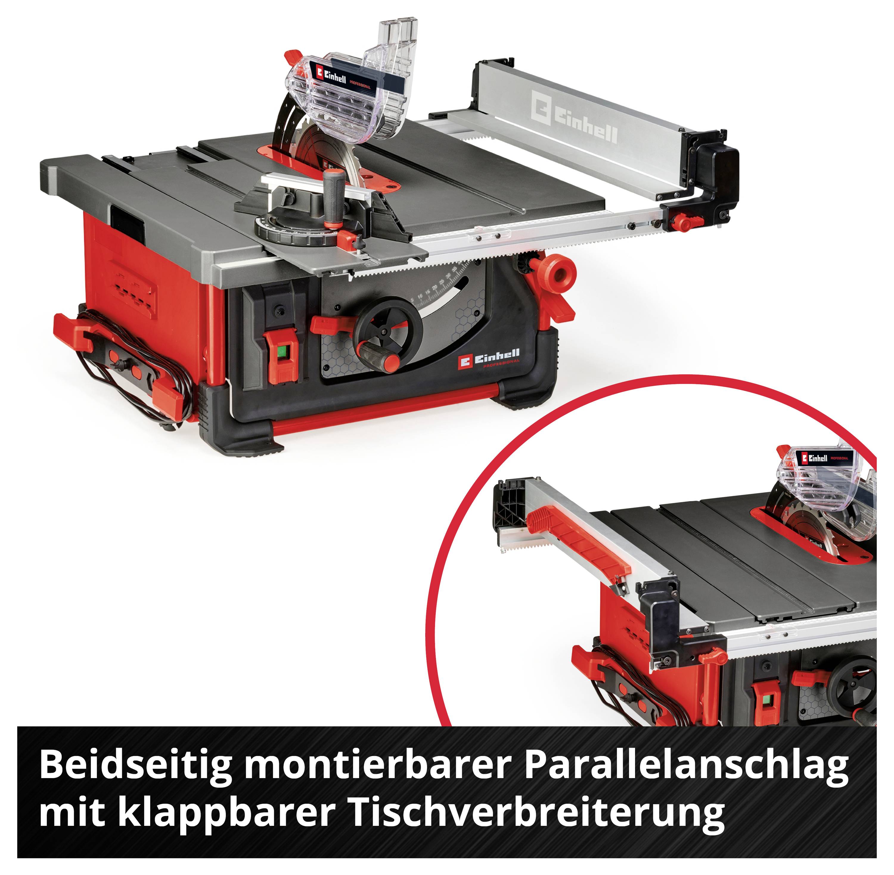 Tischkreissäge mit beidseitig montierbarem Parallelanschlag und klappbarer Tischverbreiterung; Details in einer Vergrößerung hervorgehoben.<br>