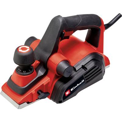 'Rot-schwarzer Holz-Hobel mit Einhell-Logo, einstellbare Hobeltiefe mit Skala, ergonomischer Griff; Elektrogerät zum Planieren von Holzoberflächen.'