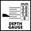 Das Bild zeigt eine Tiefenmessanzeige mit Markierungen bei 3,0 mm, 2,0 mm, 1,0 mm und 0 mm. Text darunter: 'DEPTH GAUGE'.