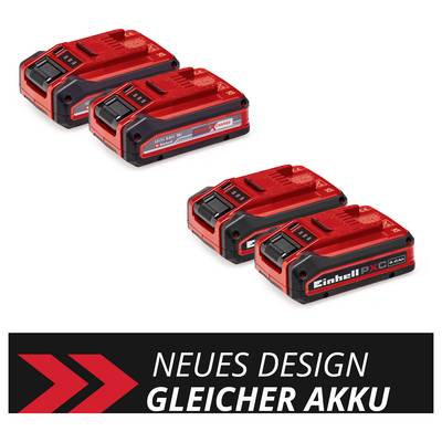 'Zwei rote Akkus mit Aufschrift 'Einhell PXC'. Text darunter: 'Neues Design, gleicher Akku'.'