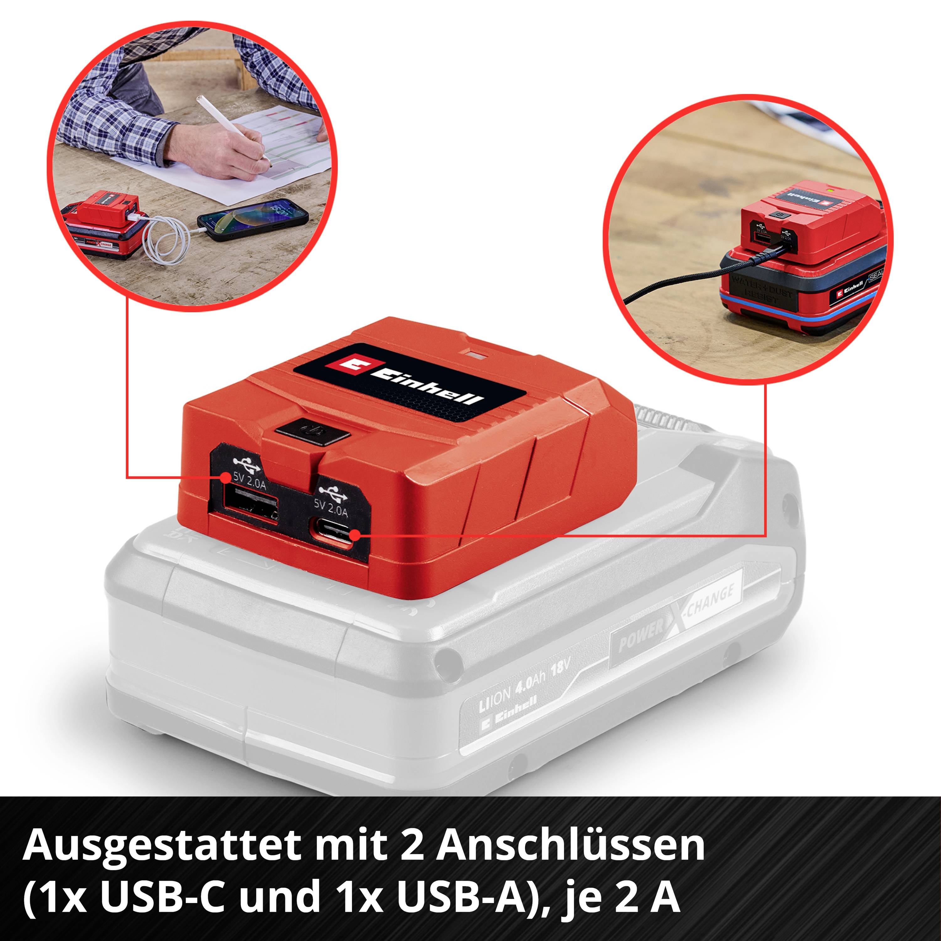 Multifunktionsladegerät mit zwei Anschlüssen: 1x USB-C und 1x USB-A. Geeignet für verschiedene Geräte.