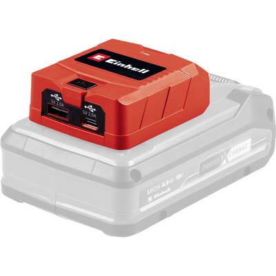 Ein roter USB-Adapter der Marke Einhell mit zwei USB-Anschlüssen liegt auf einem Akku.