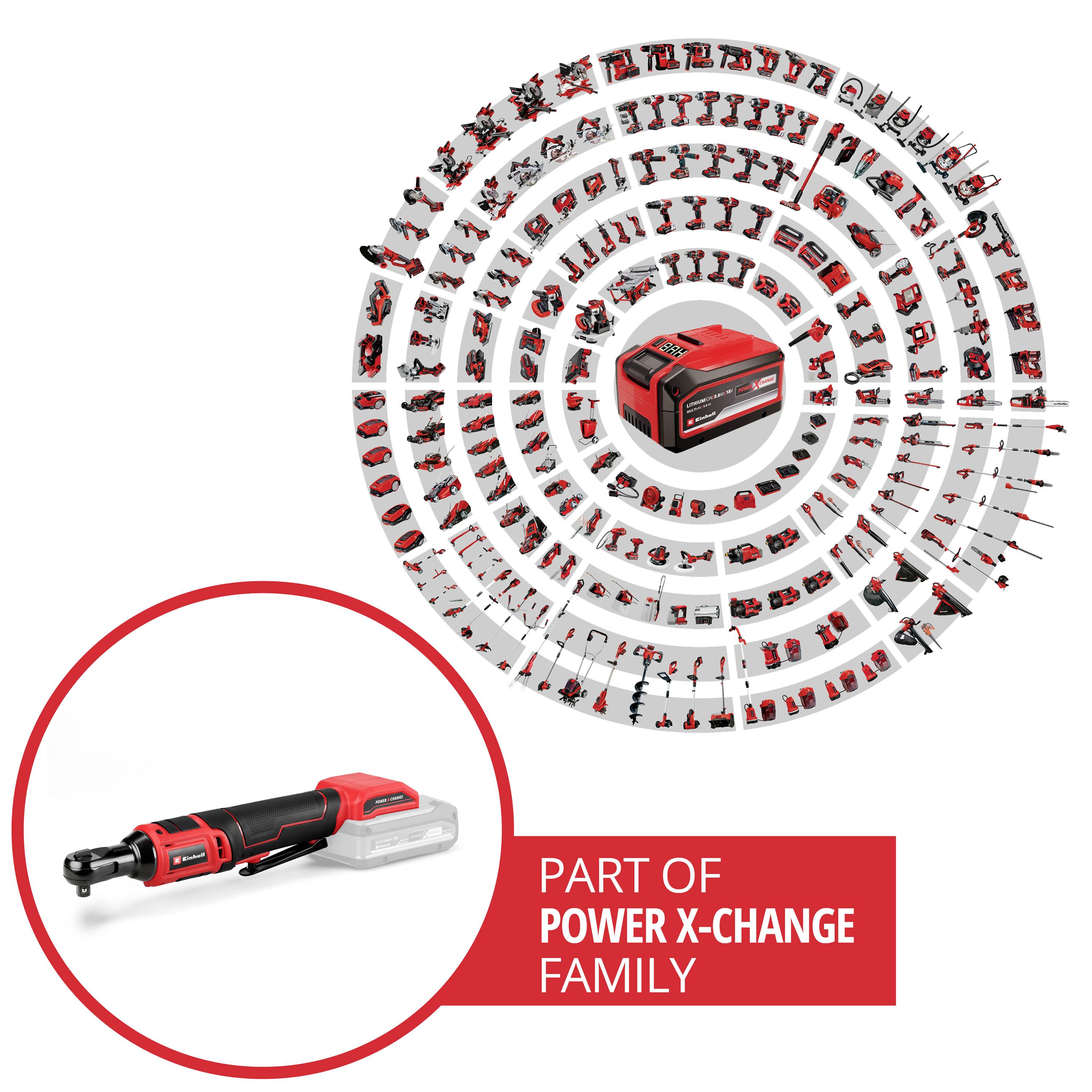 Ein roter Werkzeug-Akku in der Mitte mit kreisförmig angeordneten Werkzeugen drumherum. Text weist auf 'Teil der Power X-Change Familie' hin.