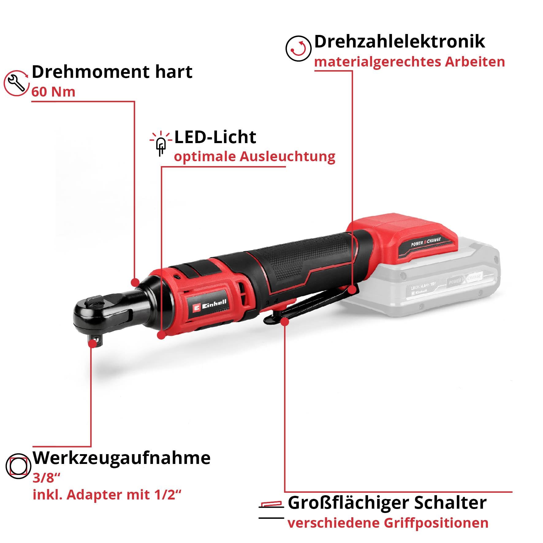 'Akkuschrauber mit Drehmomenteinstellung, LED-Beleuchtung, Werkzeugaufnahme und großflächigem Schalter. Drehzahlelektronik vorhanden.'