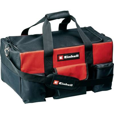 Schwarze und rote Werkzeugtasche mit 'Einhell'-Logo, zwei Tragegriffen und mehreren Seitentaschen zur Aufbewahrung von Werkzeugen.