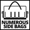 Das Bild zeigt eine stilisierte Tasche mit mehreren Seitentaschen und den Text 'Numerous Side Bags'.