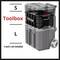Das Bild zeigt eine stapelbare Werkzeugbox von Einhell mit Rollen. Der Text 'Toolbox' ist in Rot hervorgehoben.