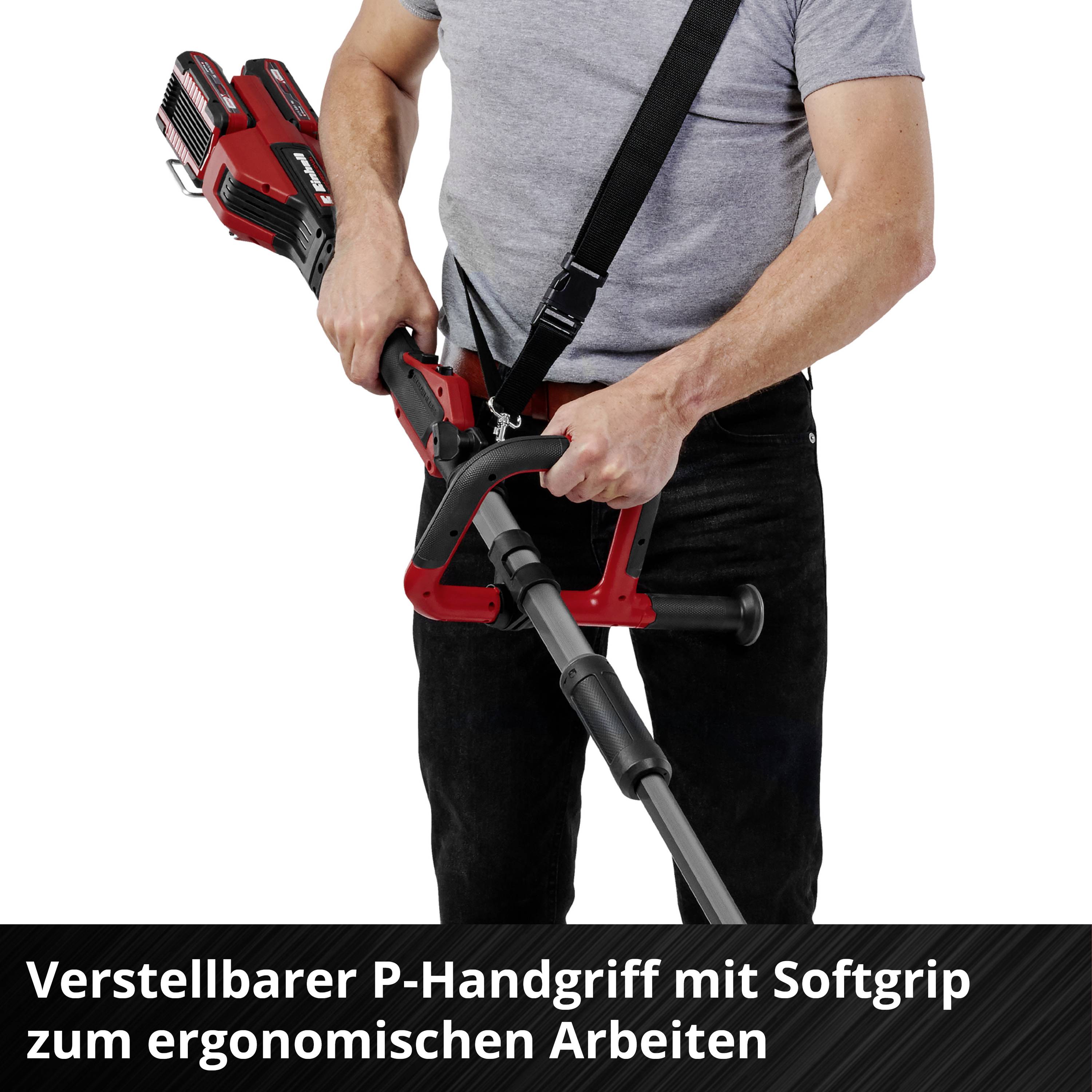 Ein Mann hält eine elektrische Säge mit verstellbarem P-Griff und Softgriff, geeignet für ergonomisches Arbeiten.