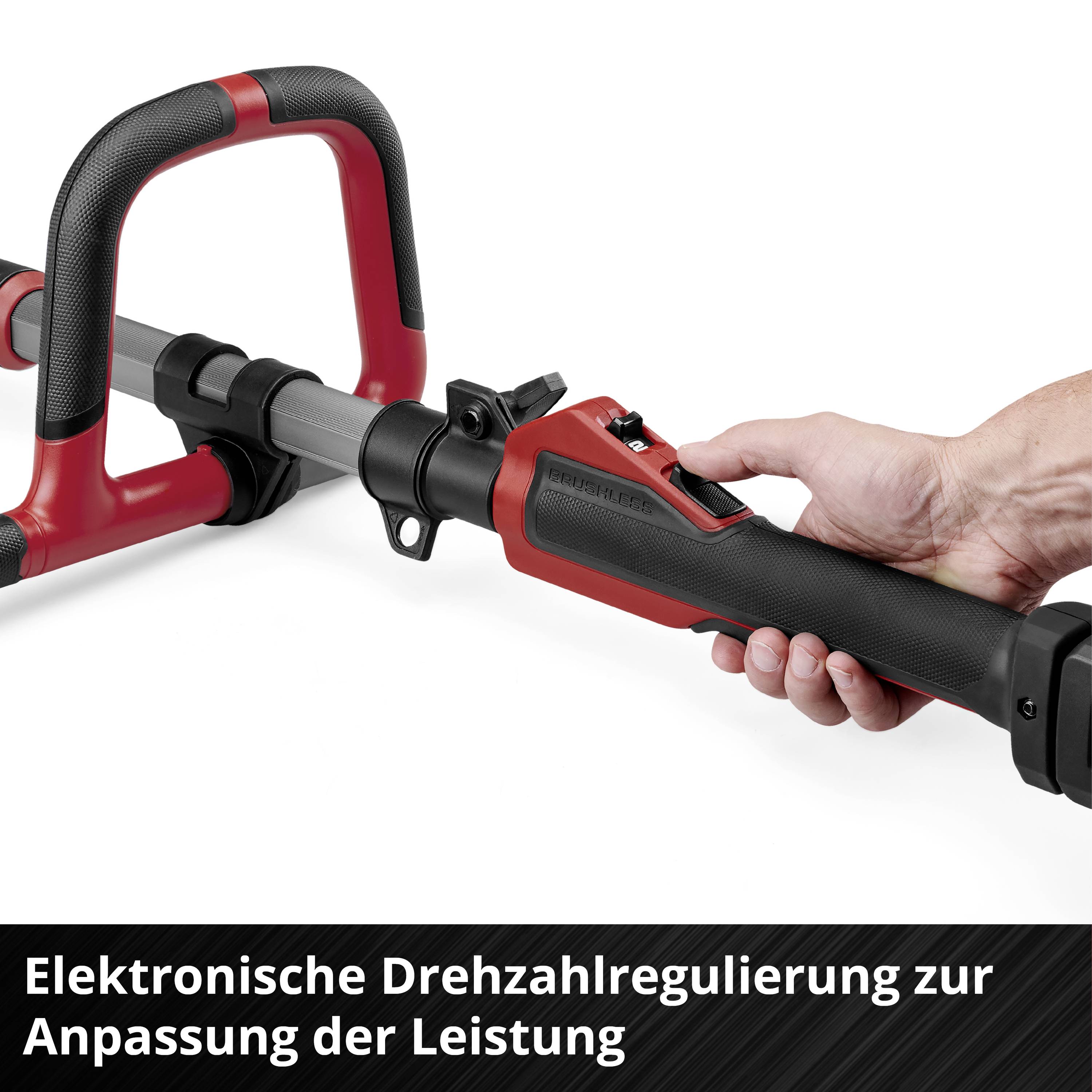 Elektrisches Werkzeug mit rot-schwarzem Griff, zeigt Hand, die die Drehzahlregelung bedient. Text: 'Elektronische Drehzahlregulierung zur Anpassung der Leistung'.