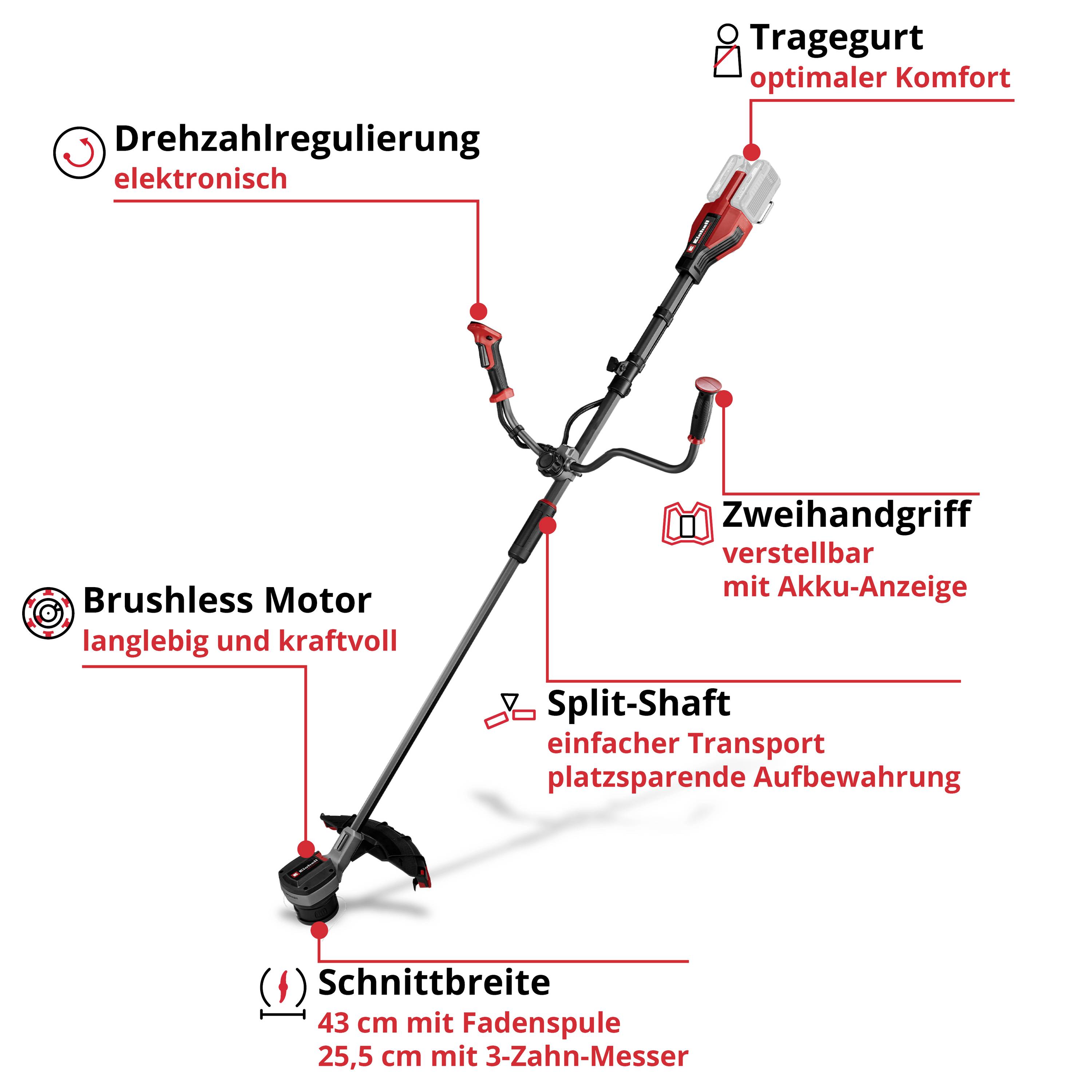 'Akku-Freischneider mit elektronischer Drehzahlregulierung, Brushless-Motor, verstellbarem Zweihandgriff, und Split-Shaft für einfache Lagerung.'