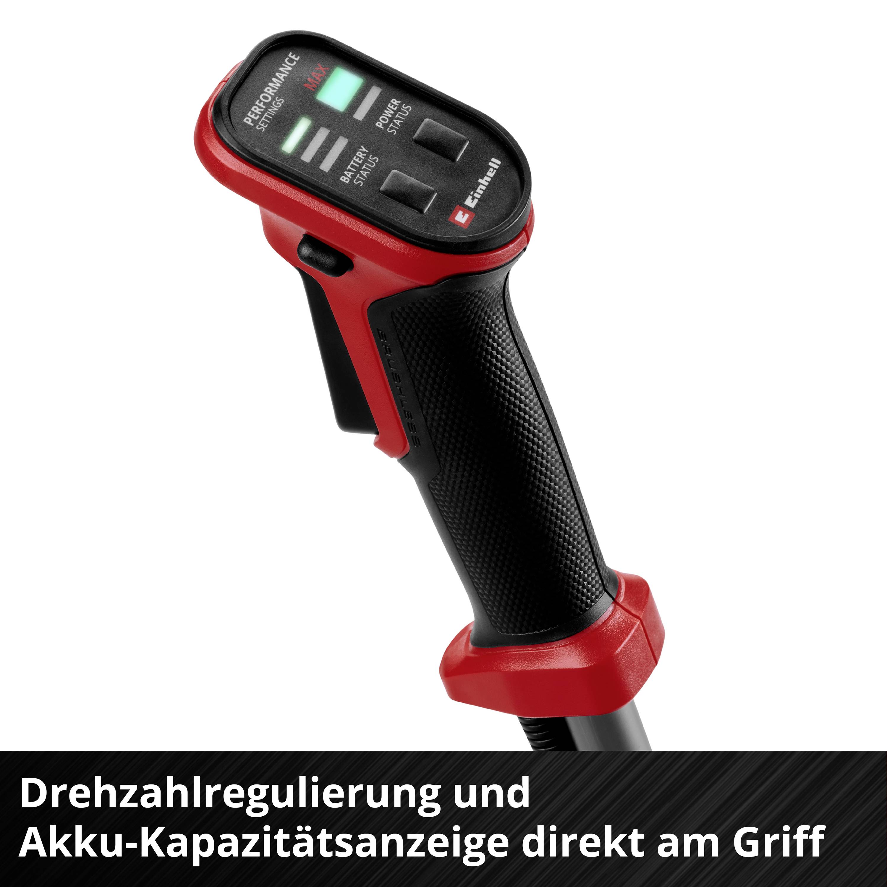 Handgriff mit Drehzahlregulierung und Akku-Kapazitätsanzeige. Text: 'Drehzahlregulierung und Akku-Kapazitätsanzeige direkt am Griff'.