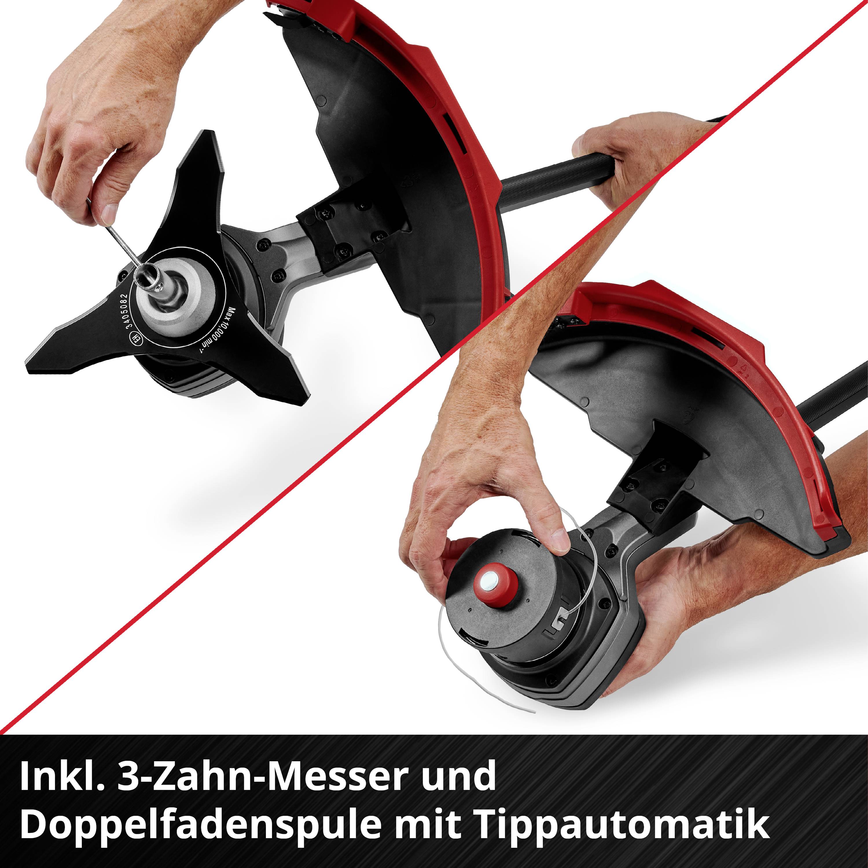 Inkl. 3-Zahn-Messer und Doppelfadenspule mit Tippautomatik. Bild zeigt zwei Nahaufnahmen von einem Rasenpflegewerkzeug in Aktion.