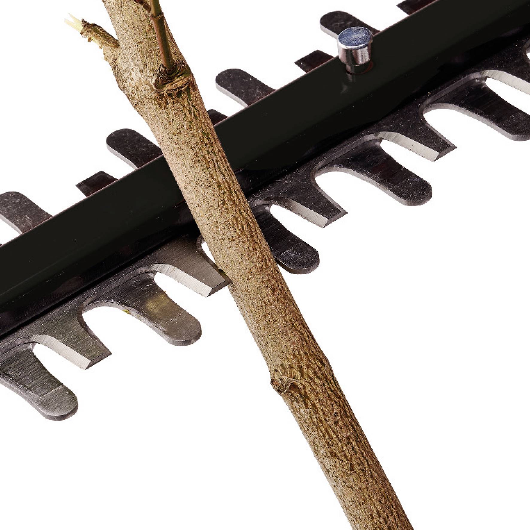 Ein Ast wird von einer Heckenschere geschnitten, die aus einem robusten, schwarzen Material besteht.