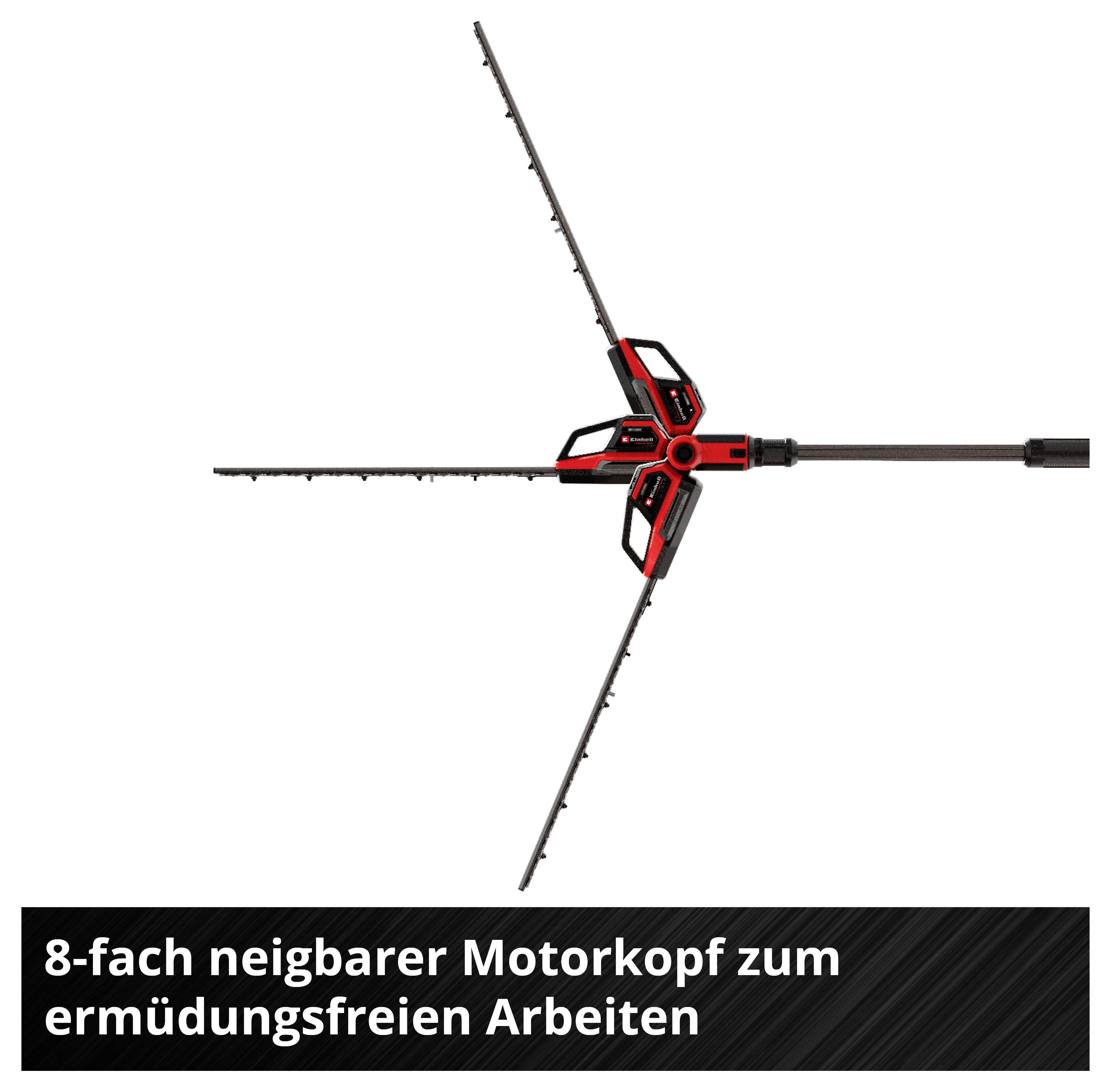 Roter, dreifach ausgeklappter Motorkopf eines Freischneiders; Text: '8-fach neigbarer Motorkopf zum ermüdungsfreien Arbeiten'.