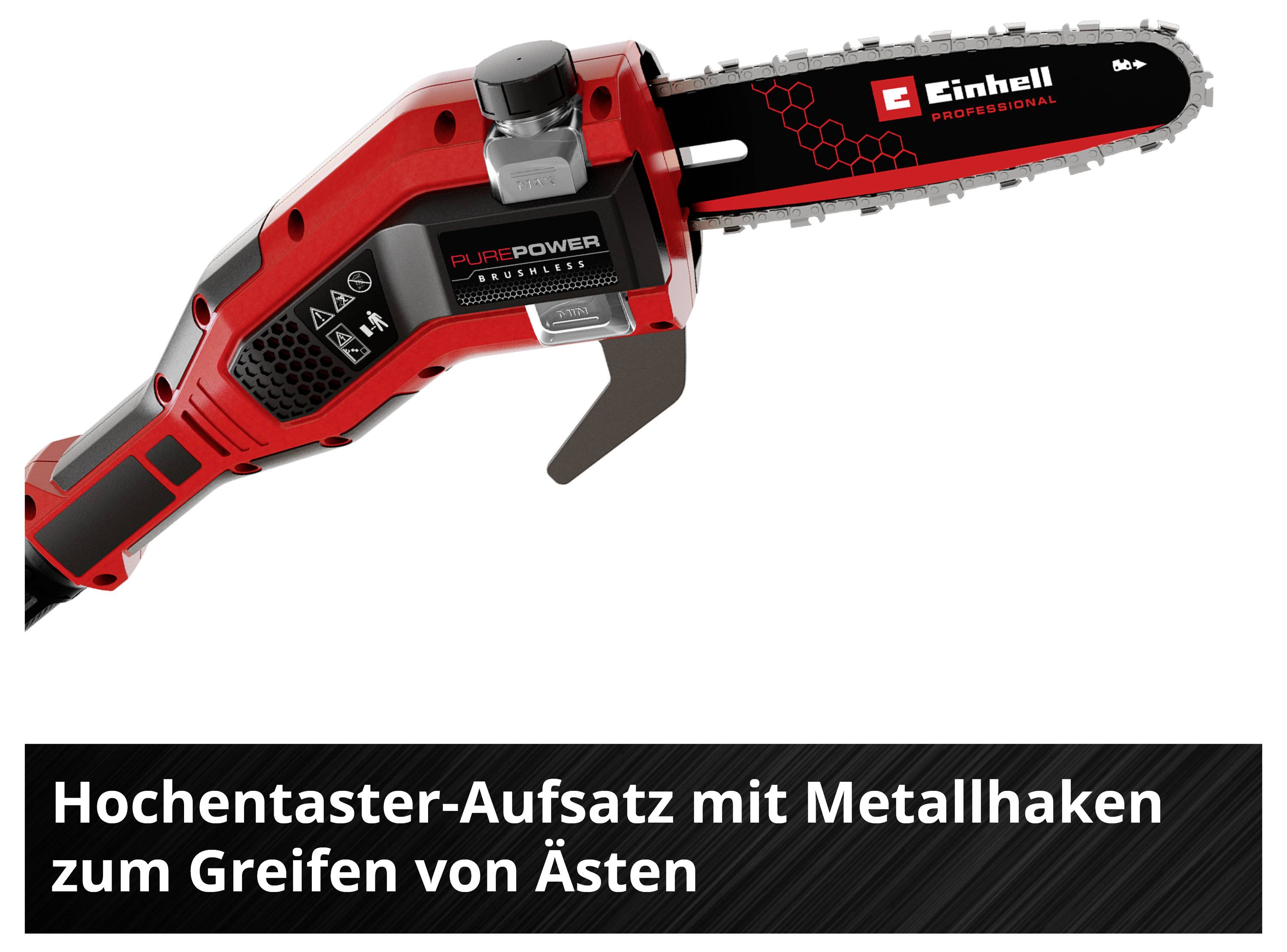 Roter Einhell Akku-Hochentaster mit Metallhaken zum Greifen von Ästen; darunter der Text 'Hochentaster-Aufsatz mit Metallhaken zum Greifen von Ästen'.
