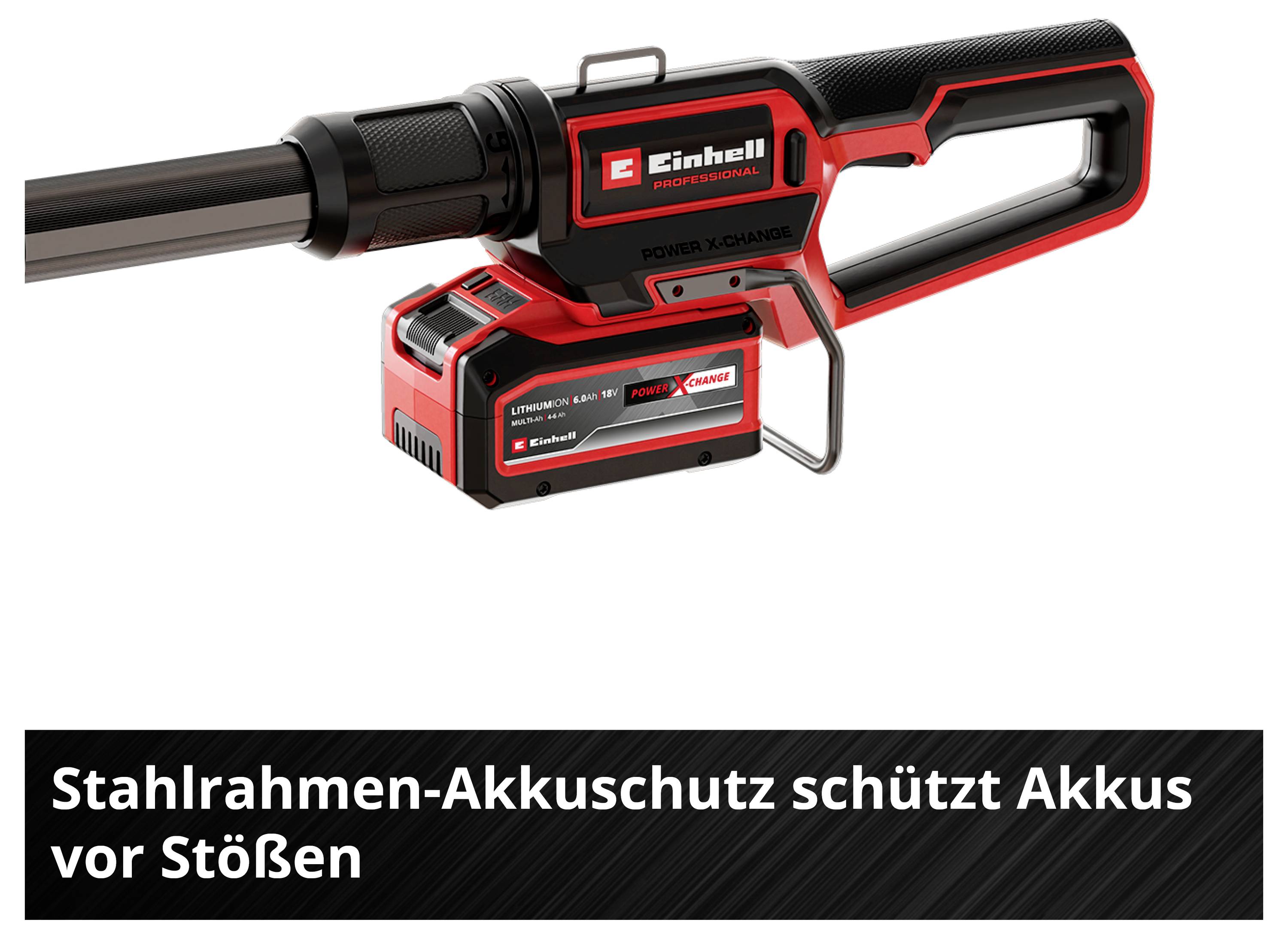 Akkuschutz mit Stahlrahmen an einem Einhell Power X-Change Gerät; Text: 'Stahlrahmen-Akkuschutz schützt Akkus vor Stößen'.