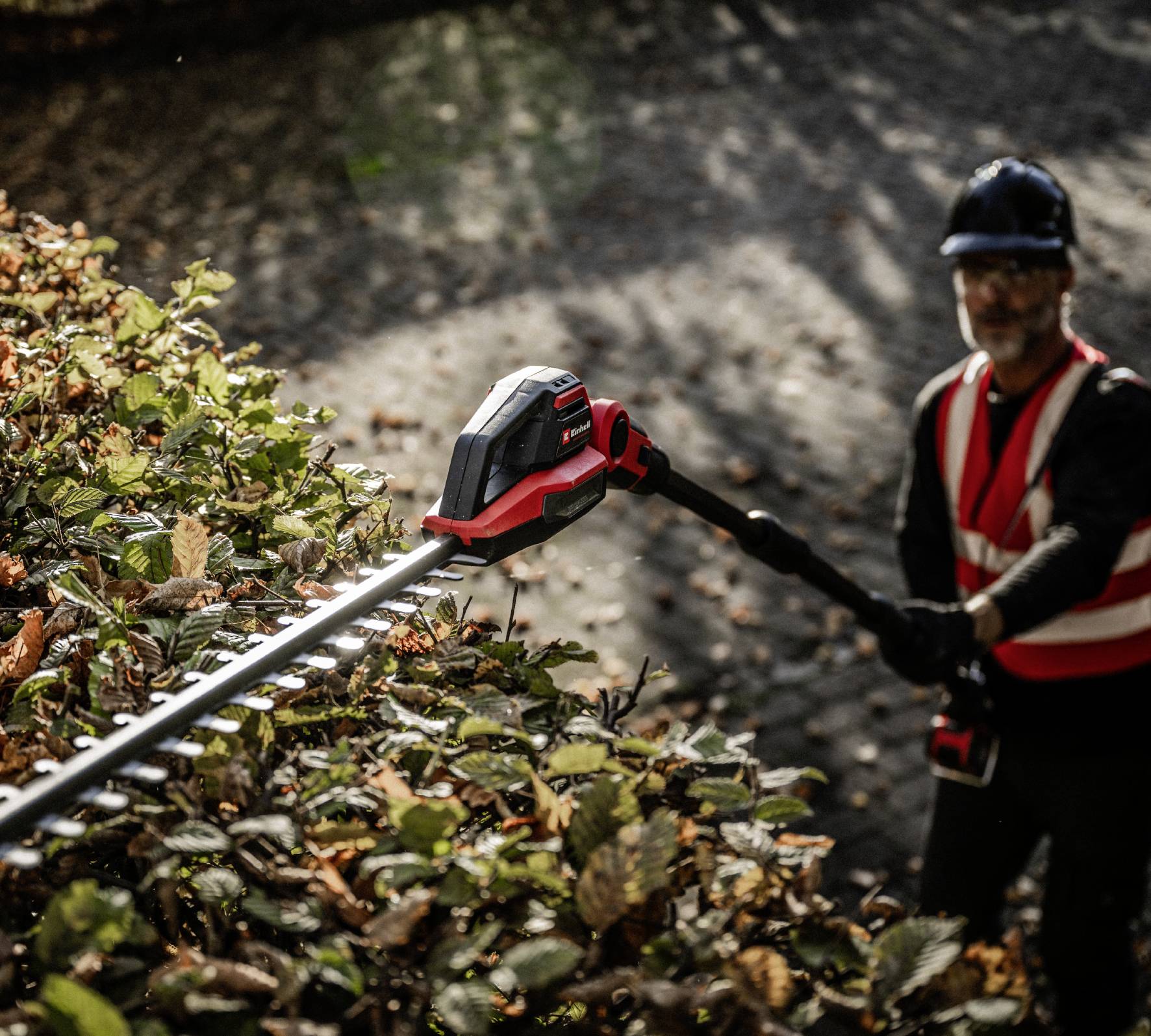 Eine Person in Schutzkleidung trimmt eine Hecke mit einem elektrischen Heckenschneider auf einem gepflasterten Weg.