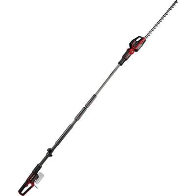 Batteriebetriebener Teleskop-Heckenschneider mit langem ausziehbarem Stab und Schneideklinge zum Trimmen von hohen Hecken.