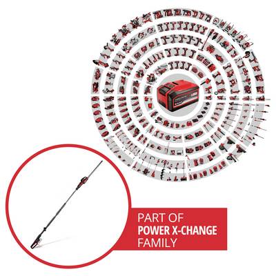 Kreisförmiges Produktdiagramm, das ein Power X-Change Werkzeugsystem mit einer roten Batterie in der Mitte, vielen kompatiblen Werkzeugen rundherum und einem roten Stabwerkzeug mit der Bezeichnung "TEIL DER POWER X-CHANGE FAMILIE" zeigt.