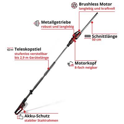 Illustration einer Teleskop-Astsäge mit Akku: Brushless-Motor, Metallgetriebe, 50 cm Schnittlänge, 8-fach neigbarer Motorkopf, stufenlos verstellbar bis 2,9 m<br>