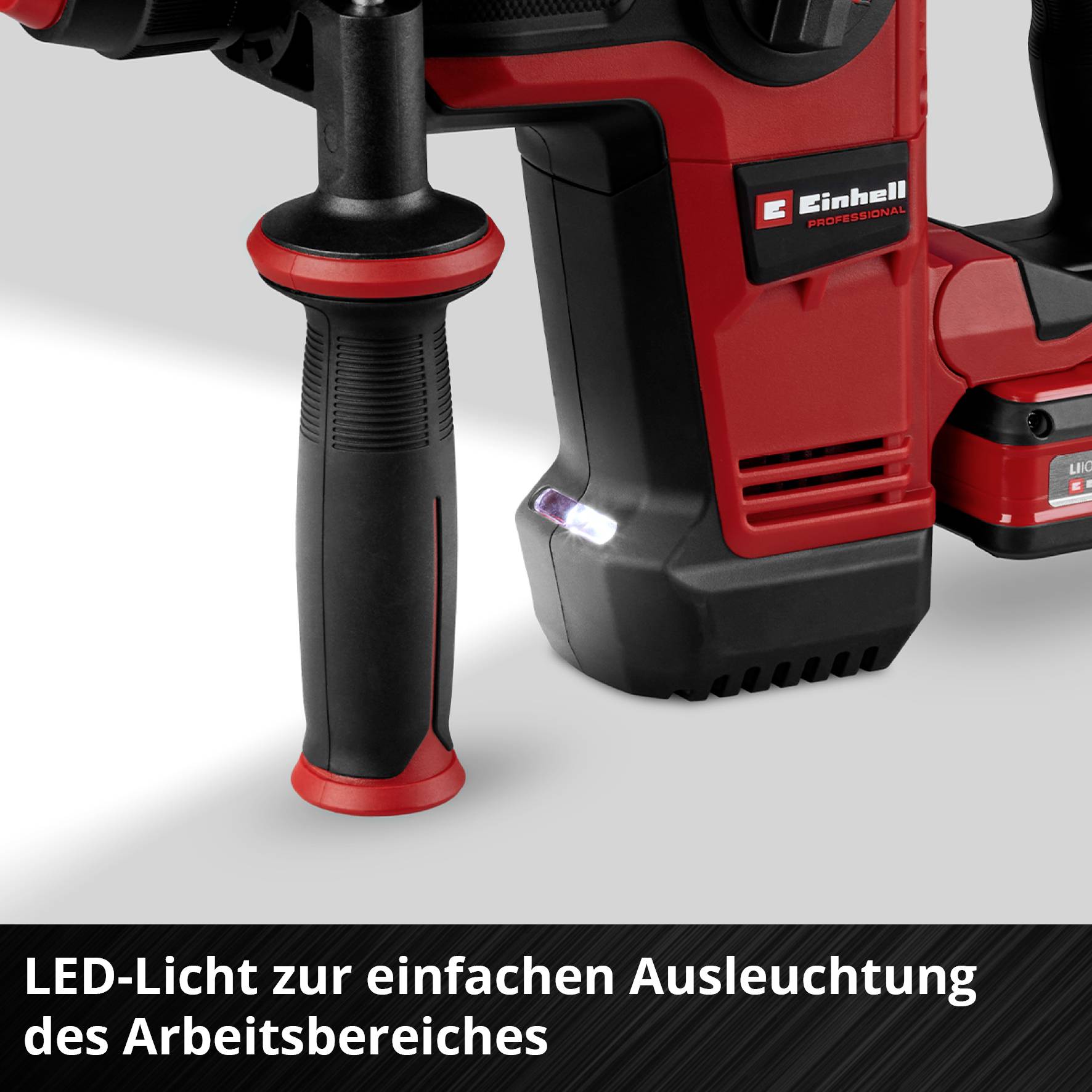 Ein roter Bohrhammer mit schwarzem Griff, Marke 'Einhell', wird gezeigt. Text unten: 'LED-Licht zur einfachen Ausleuchtung des Arbeitsbereiches'.