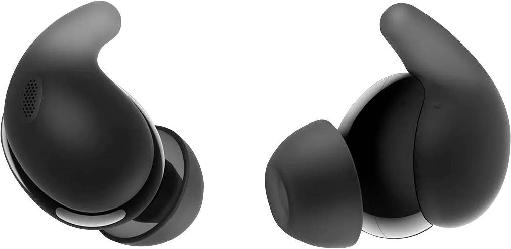 Zwei schwarze kabellose Ohrhörer mit ergonomischem Design und weichen Silikonspitzen, die nebeneinander auf weißem Hintergrund liegen.