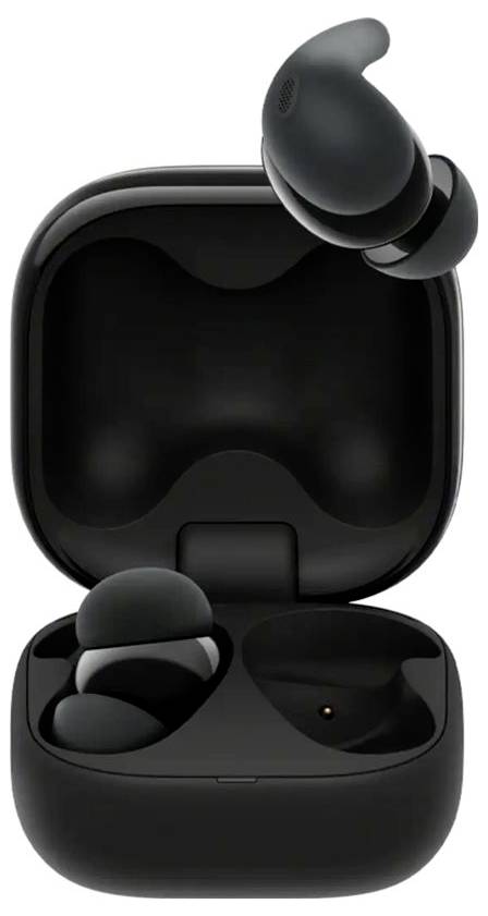 Schwarze kabellose In-Ear-Kopfhörer mit Ladeschale, geöffnet. Ein Kopfhörer schwebt darüber. Fokus auf modernes Design.