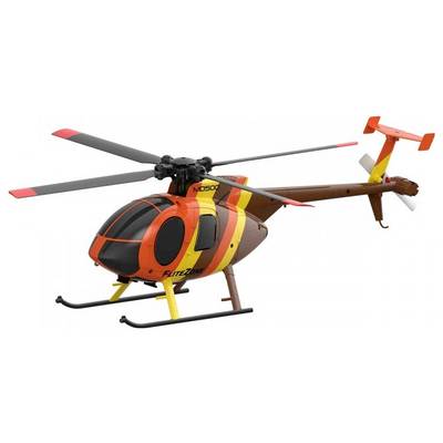 Spielzeughubschrauber im Modell 'MD500', orange und gelb lackiert. Seitenansicht dargestellt.
