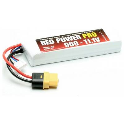 Wiederaufladbare Lithium-Polymer-Batterie 'RED POWER PRO 900-11.1V' mit gelbem Stecker und farbigen Kabeln.