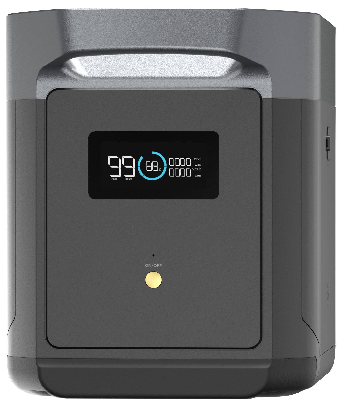 Tragbare Powerstation mit Digitalanzeige zeigt Akkuladestand von 99%. Ein/aus-Schalter mit gelber LED-Anzeige darunter.