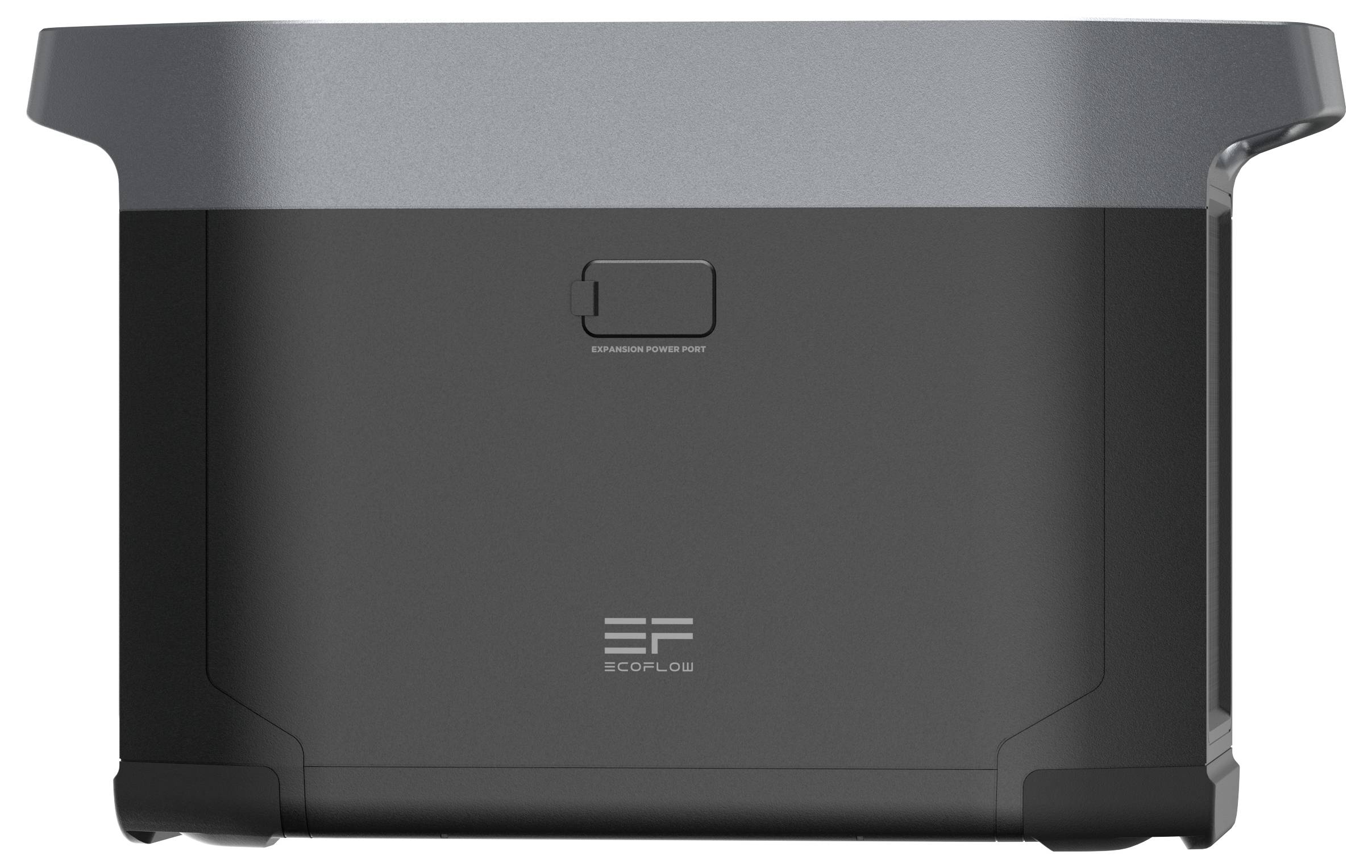 Schwarzes und silbernes EcoFlow-Gerät mit Logo auf der Vorderseite, rechteckige Form.
