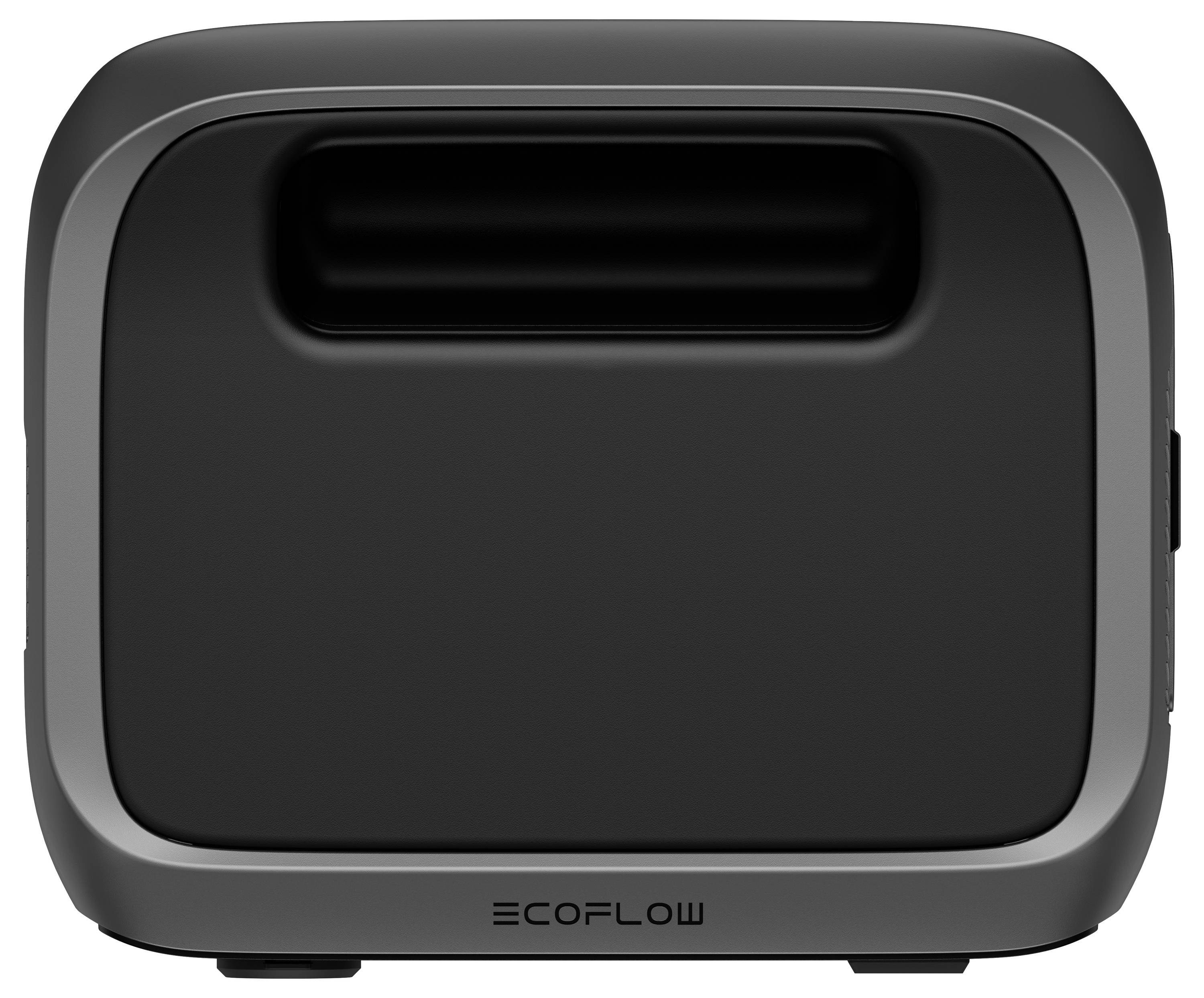 Schwarzes, rechteckiges Gerät mit abgerundeten Ecken und dem Logo "EcoFlow" unten. Wahrscheinlich ein technisches Produkt.
