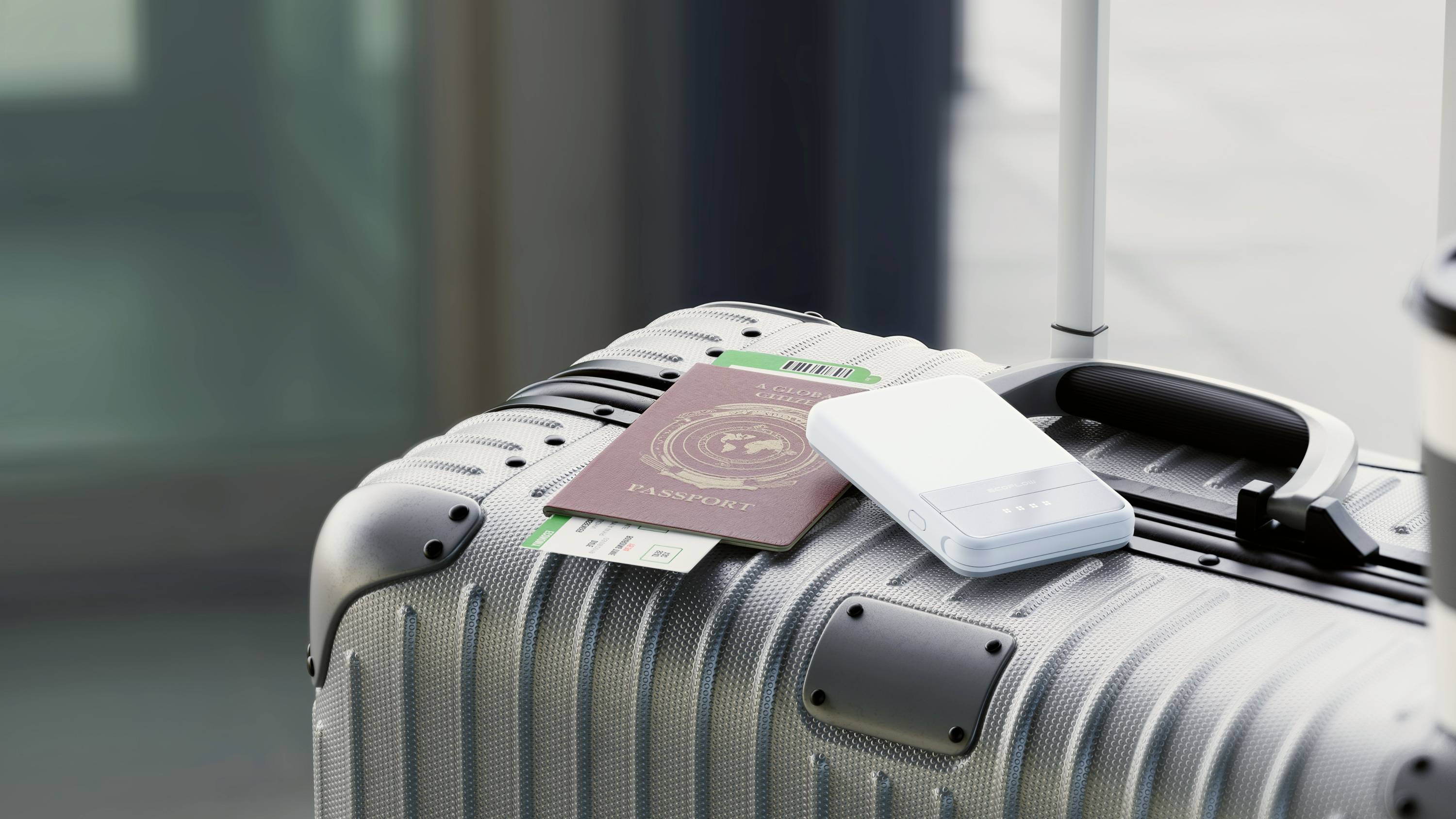 Ein silberner Koffer mit einem Pass und einem Boardingpass darauf, steht in einem Flughafenterminal.