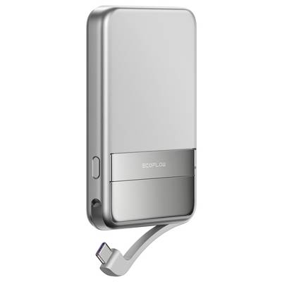 'EcoFlow'-Silberne Powerbank mit integriertem Kabel und USB-C-Stecker für mobiles Laden von Geräten.