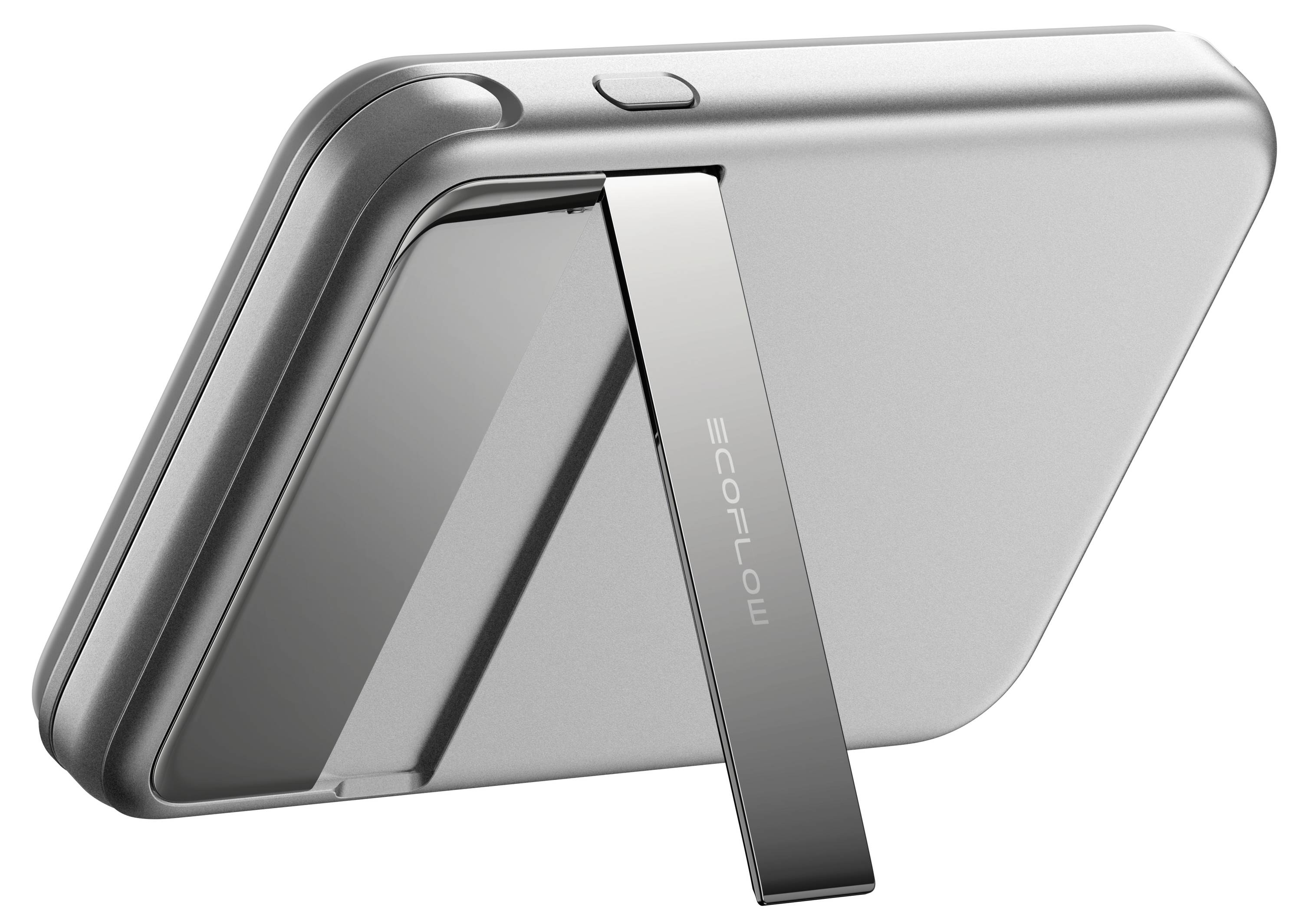 Tragbare Powerstation in Silber mit faltbarem Ständer und gerundetem Design.