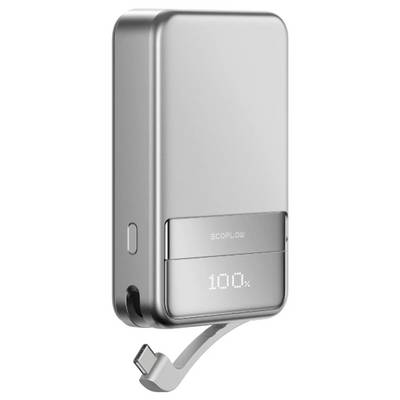 Eine silberne tragbare Powerbank mit 'ECOFLOW' Logo und '100%' Ladeanzeige. Ein USB-C Kabel ist integriert.