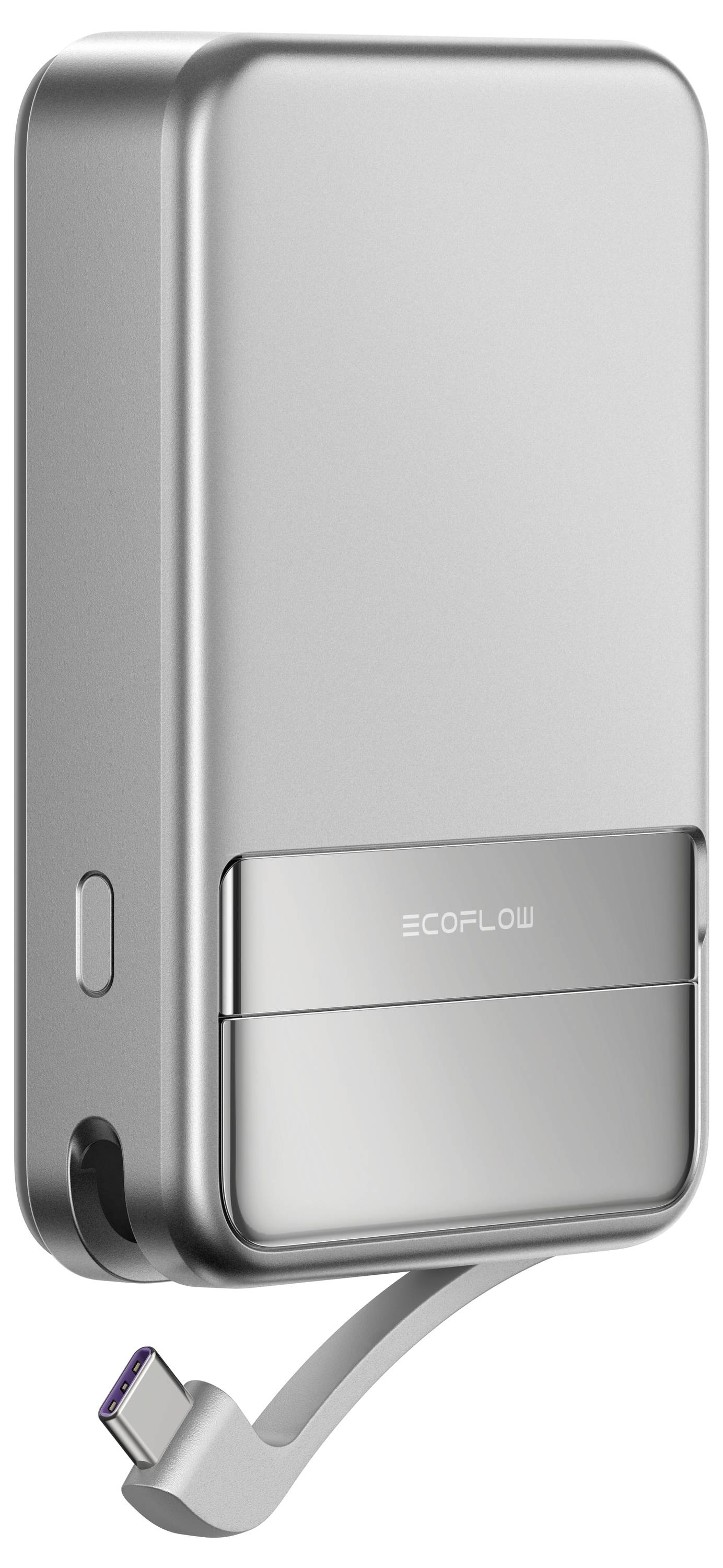 Silberne tragbare Powerbank mit USB-C-Anschluss von EcoFlow.