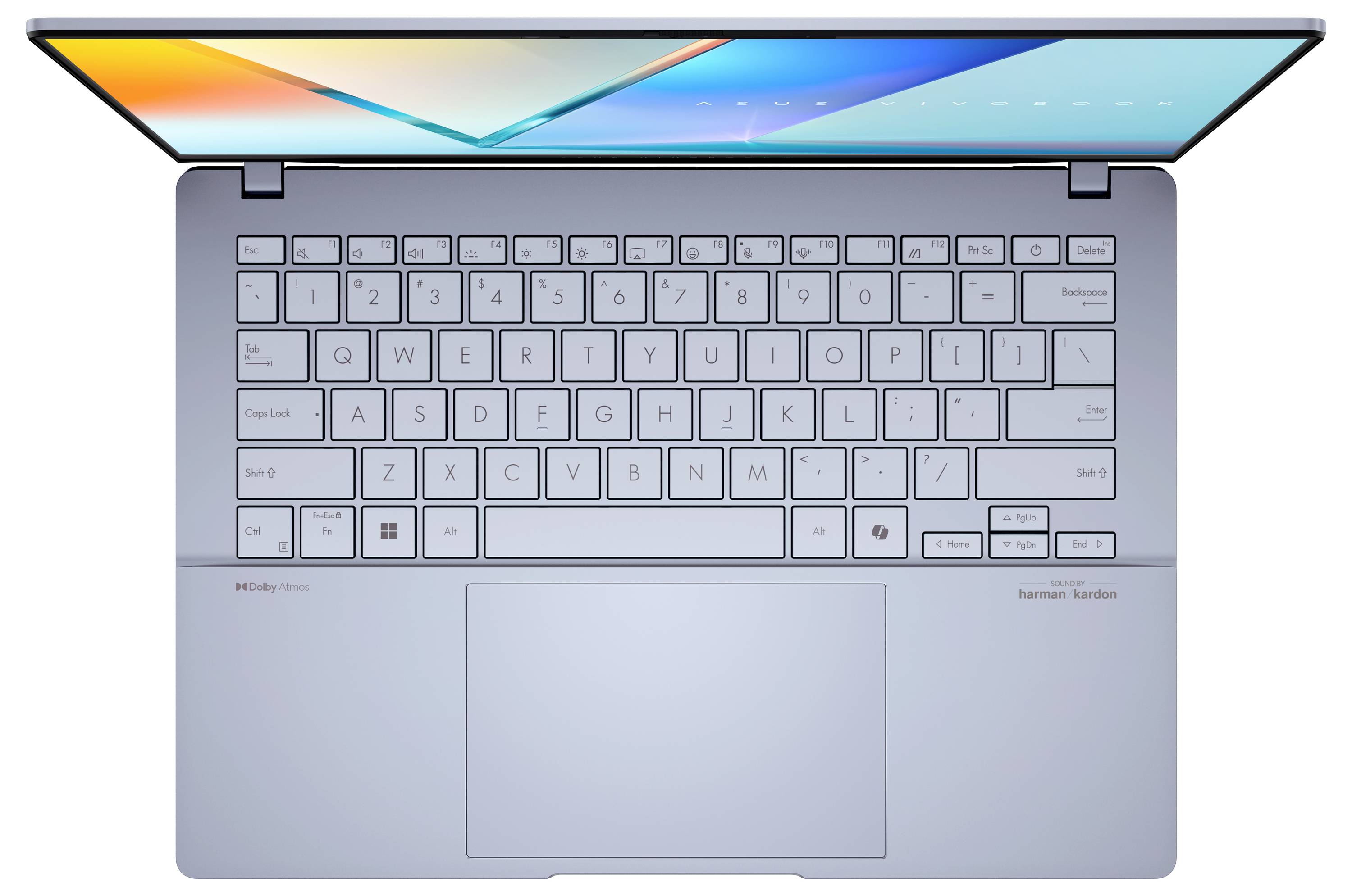 Überkopfansicht eines aufgeklappten Laptops mit einer beleuchteten Tastatur und einem Hochglanzbildschirm, der bunte Farbtöne zeigt.