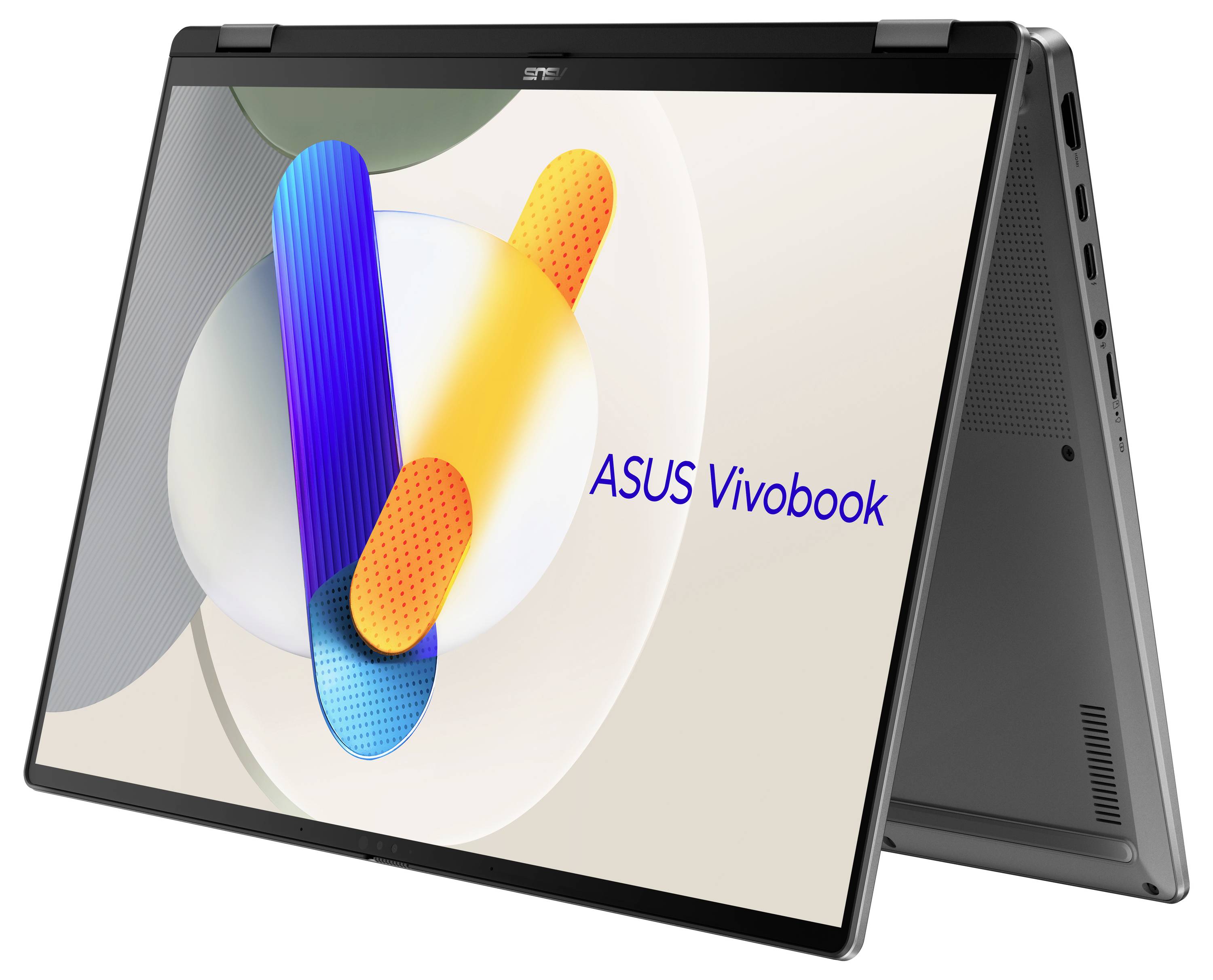 Laptop im Zeltmodus mit abstraktem Hintergrund auf dem Bildschirm. Text 'ASUS Vivobook'. Silbernes Gehäuse, modernes Design.