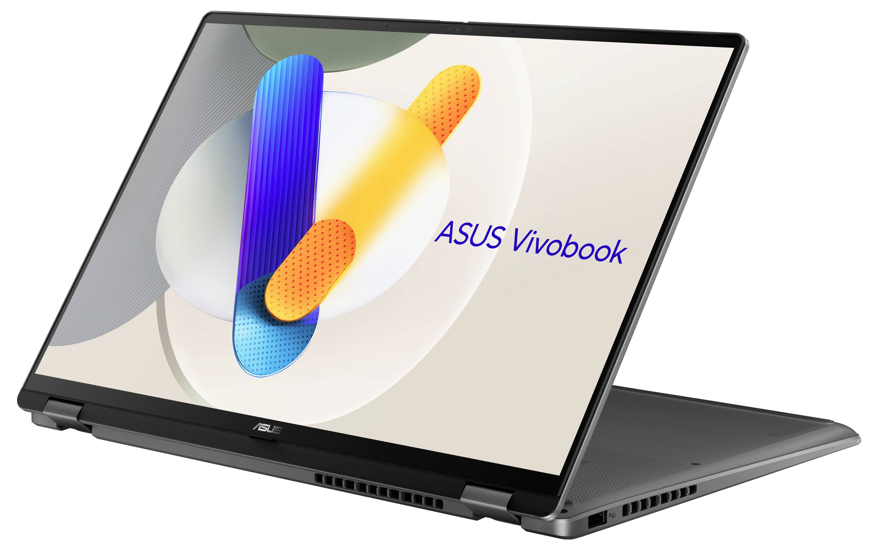 ASUS Vivobook Laptop mit geöffnetem Bildschirm, zeigt abstrakte Grafiken auf dem Display. Der Laptop ist in Aufklappstellung.