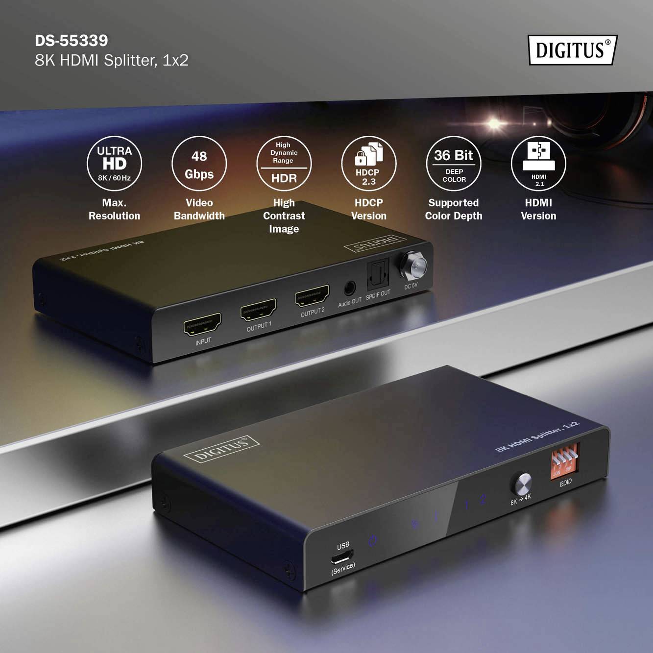 Digitus DS-55339 1+2 Port HDMI-Splitter Metallgehäuse, LED-Anzeige, mit Status-LEDs, zur internen Verwendung 7680 x 4320-8