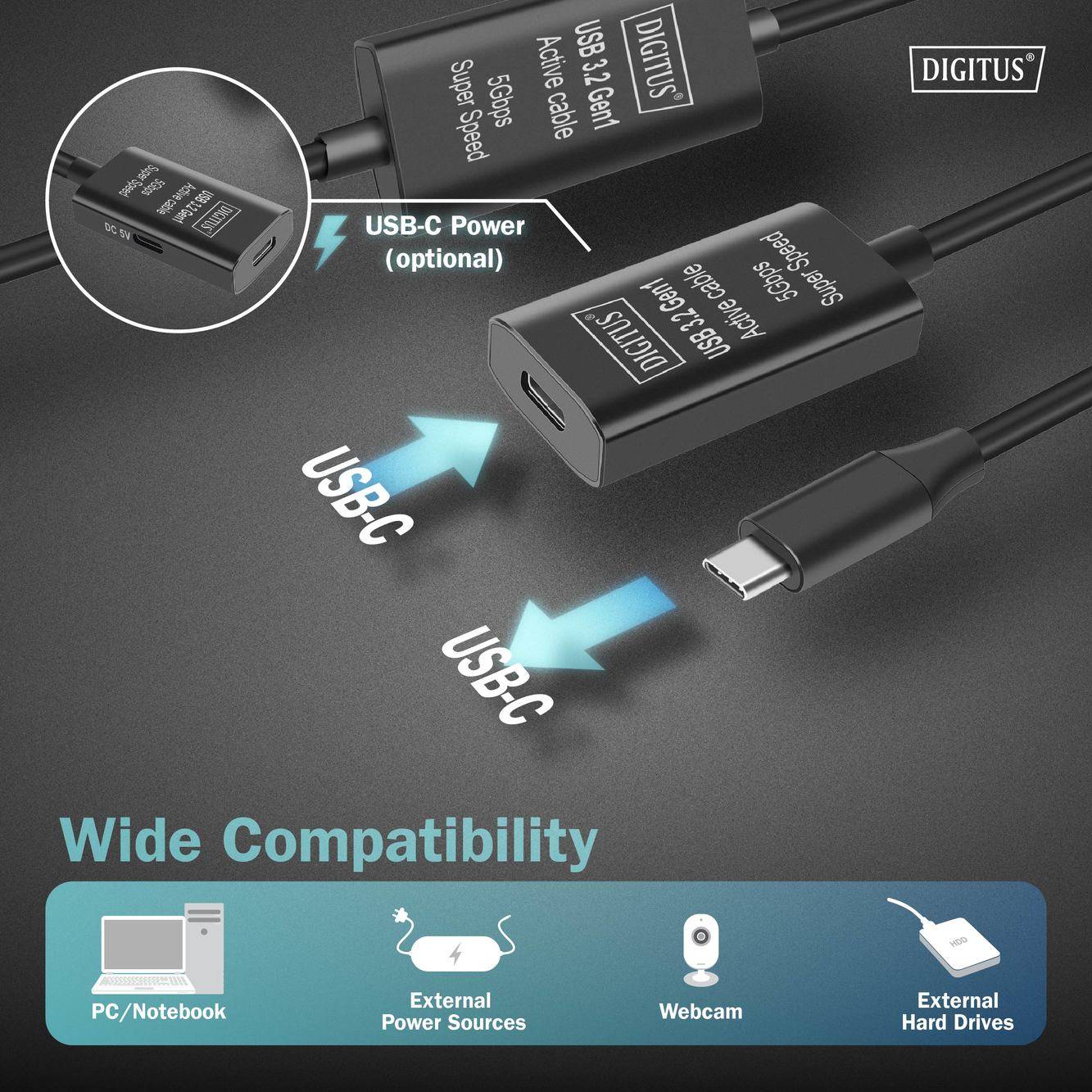 Digitus USB-C® Kabel USB 3.2 Gen1, USB 3.2 Gen1, USB 3.0 USB-C®, USB-C® Buchse, USB-C® Stecker 10.00 m Schwarz Aktiv mit-5